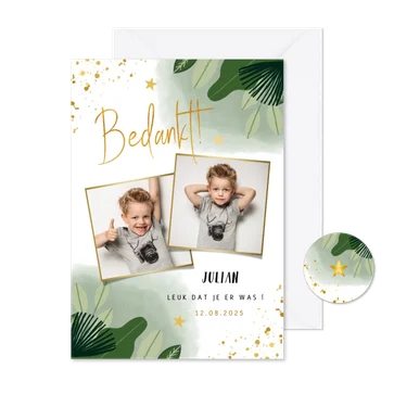 Communie bedankkaart hip met planten foto's en goud spetters